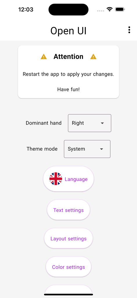 Open UI settings menu with options for dominant hand, theme, and layout customization.