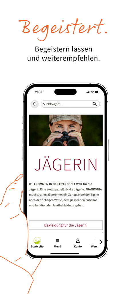 Frankonia Mobile App-Oberfläche, die den Jägerinnen-Bereich mit einer Frau zeigt, die Ferngläser benutzt, und Links zu Jagdbekleidung