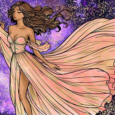 realistic woman in dress flowing the the wind