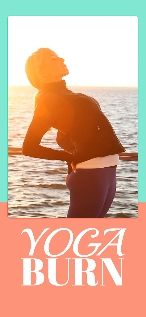 Yoga Burn App - Woman stretching at sunset by the water with Yoga Burn logo