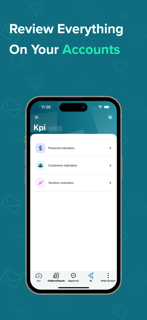 Onyx Pro Mobile app screenshot showing the KPI dashboard with financial and customer indicators