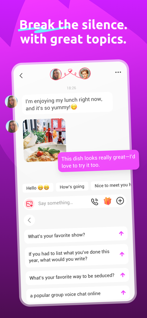 BlazeMe - Friends online - BlazeMe app chat screen featuring conversation starters and a shared photo.
