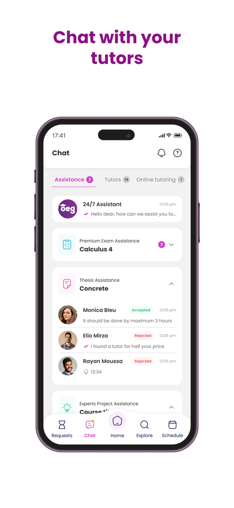 OEG - Find Expert Tutors - The chat interface of the OEG app showing messages and tutoring requests.