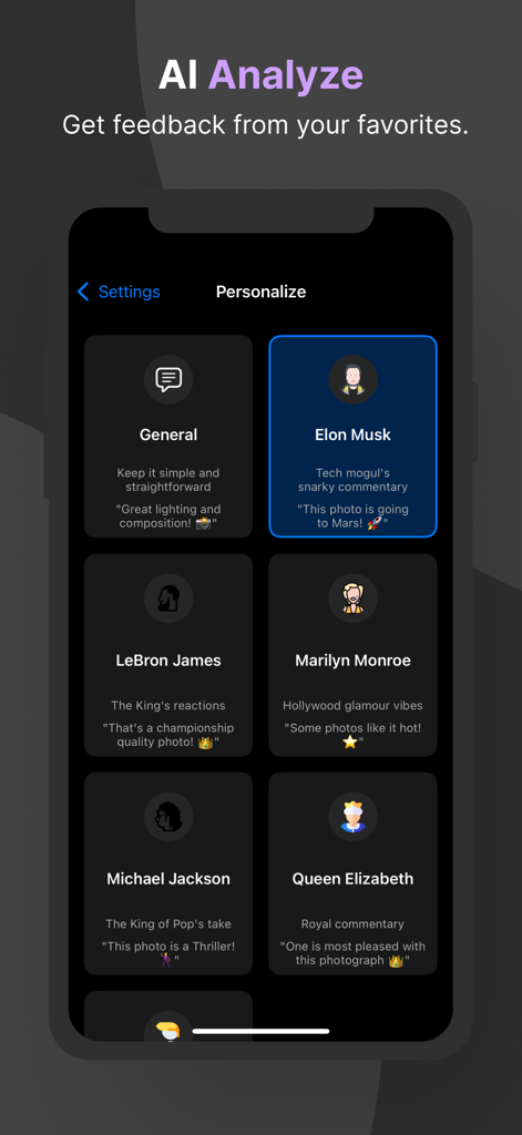 Photo Dump AI - Tela de seleção para personas de feedback de IA de celebridades no aplicativo Photo Dump AI