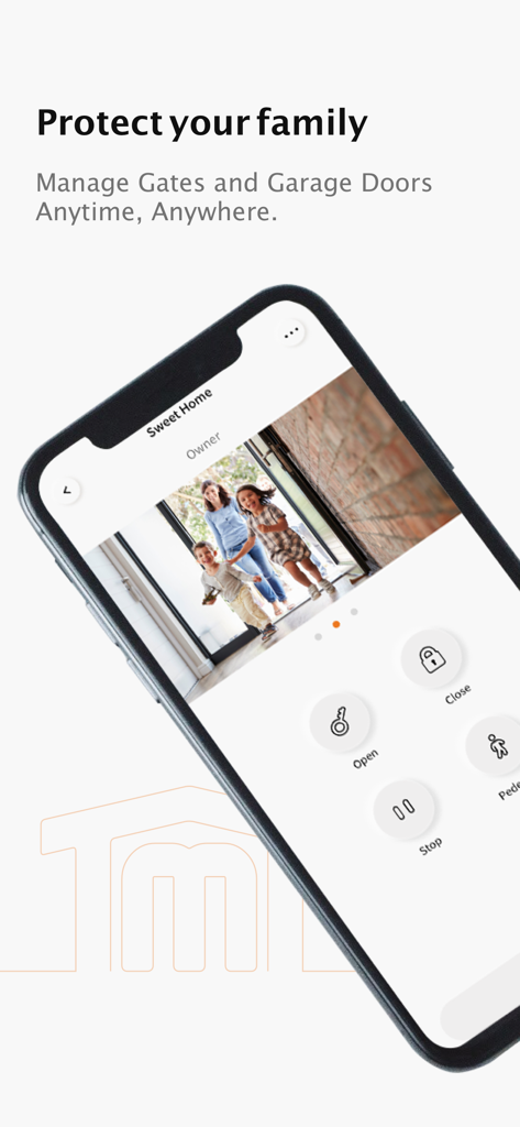 Smartphone displaying TMT Chow app interface with family security monitoring and remote gate control buttons