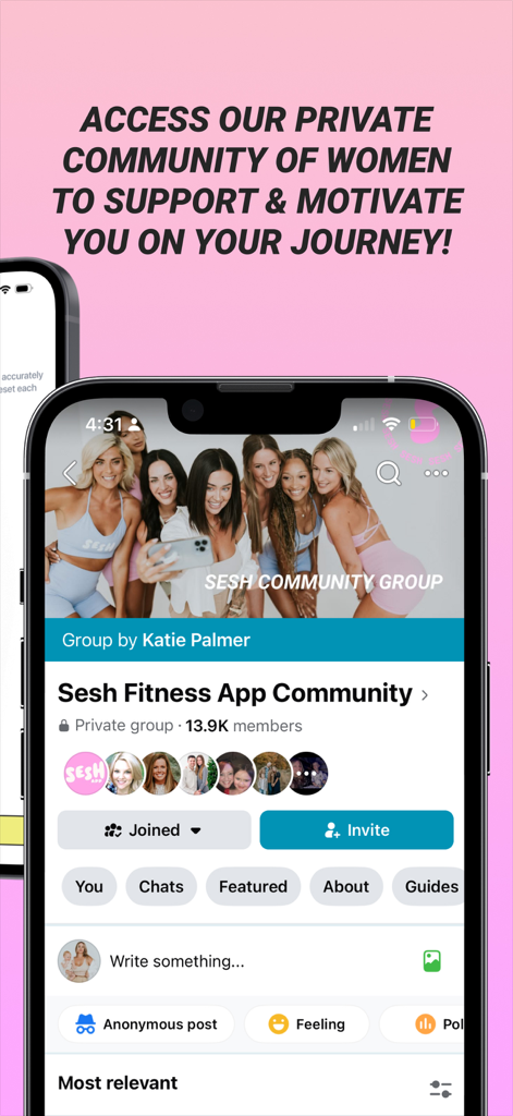 Sesh: Women Fitness & Workouts - A screenshot of the Sesh app private community group for women to support each other on their fitness journey