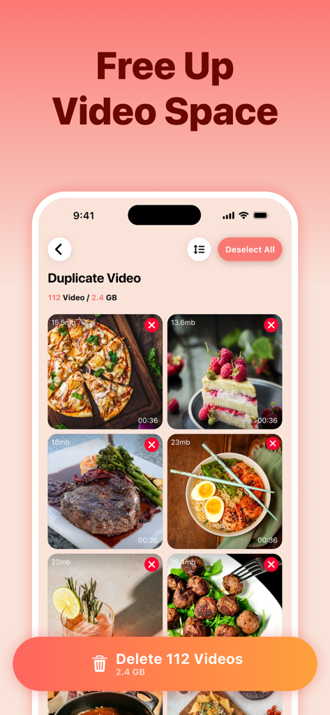 EatLog Album-Storage Cleaner - Interfaz de la aplicación EatLog mostrando videos de comida duplicados seleccionados para eliminación masiva para liberar espacio de almacenamiento