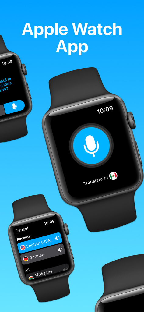 Dialog - Translate Speech - Oberfläche der Dialog Translate Speech App auf der Apple Watch, die Sprachübersetzungs- und Sprachauswahlfunktionen anzeigt