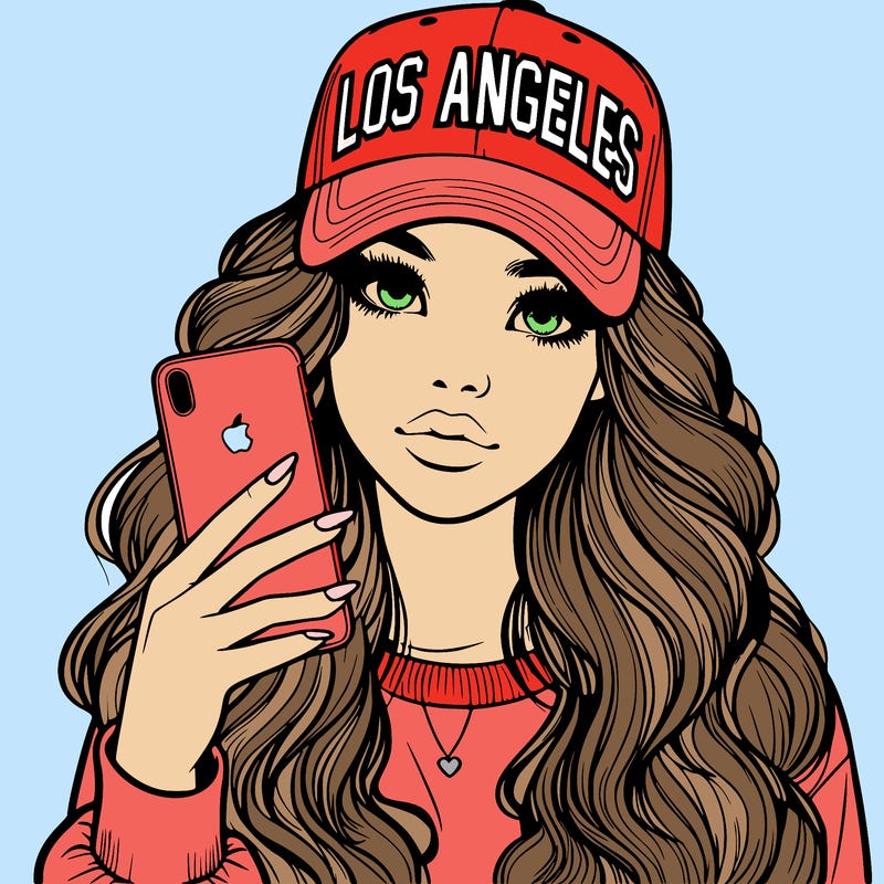 realistic beautiful girl wearing los ángeles cap holding an iphone