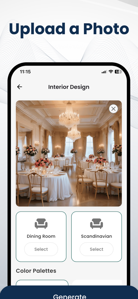 Mobile app interface showing an uploaded photo of a dining room with options to select room type and design style for AI transformation