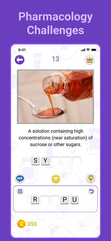 Pharmacology word puzzle in the Medical Findings app featuring a definition and image for syrup