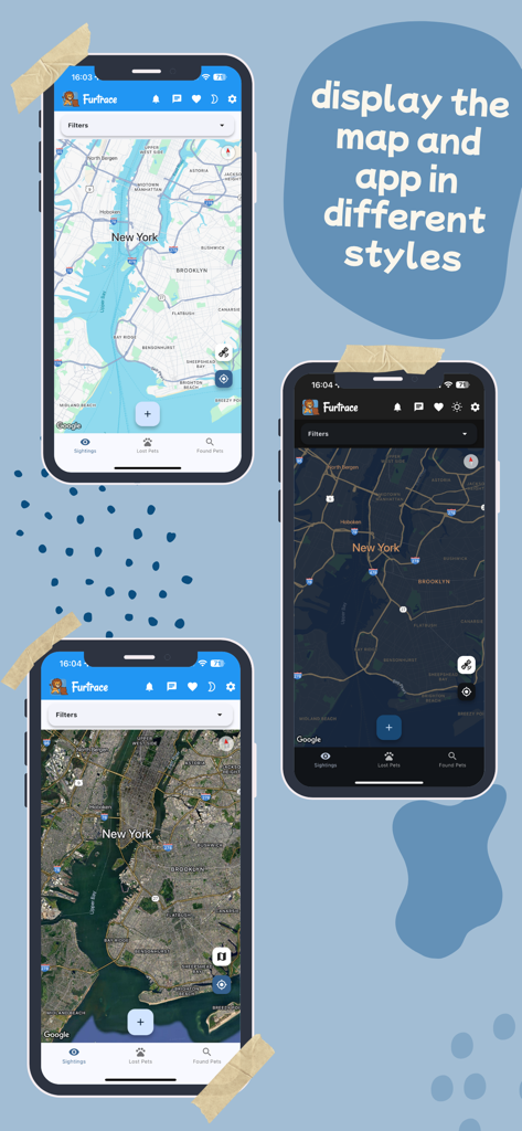 Furtrace - Three smartphone screens displaying the Furtrace app map in light, dark, and satellite view modes.