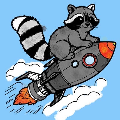 realistic raccoon flying on top rocket ship
