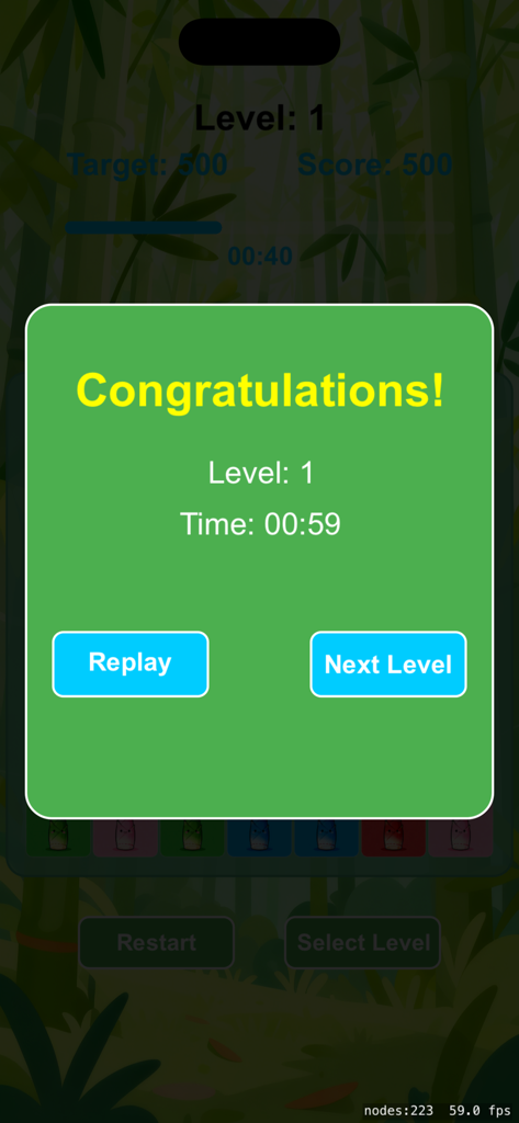 Panda Puzzle: Bamboo Garden - Level completion screen in Panda Puzzle Bamboo Garden with Next Level and Replay buttons