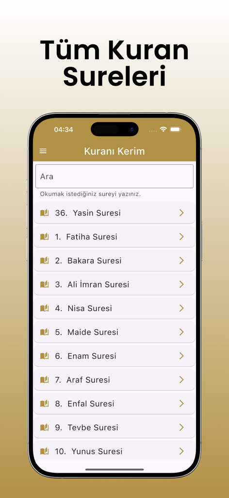Interfaz de la aplicación móvil que muestra una lista de suras del Corán en idioma turco
