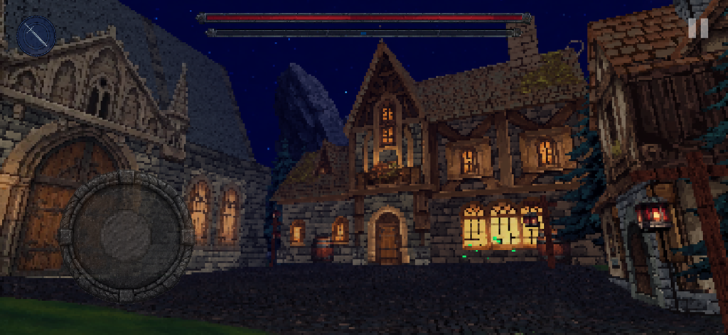 KnightBound dark fantasy RPGで、夜のピクセルアートの中世の村の広場。窓が光っています