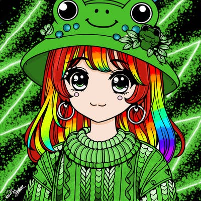 realistic girl wearing frog sweater and a frog hat with frog earrings