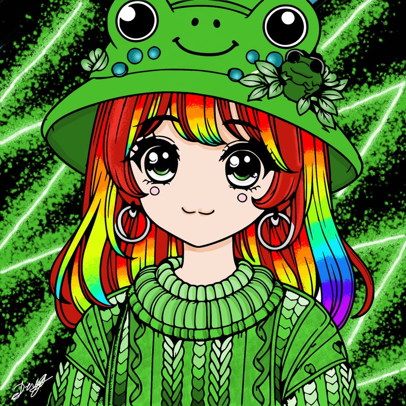 realistic girl wearing frog sweater and a frog hat with frog earrings