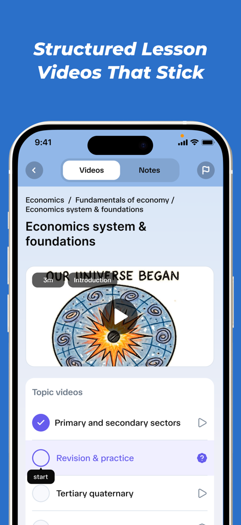 PrepAiro: UPSC CSE Prep 2026 - PrepAiro mobile app interface displaying a structured economics lesson video with a list of related topic videos and progress tracking.