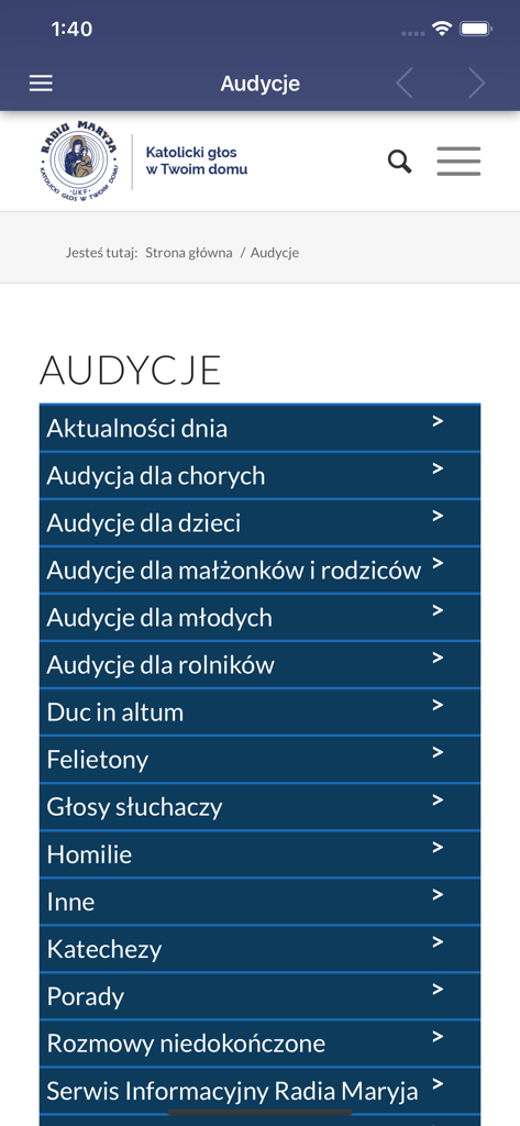 Radio Maryja - Radio Maryja mobile app screen displaying a list of religious and news broadcast categories in Polish.