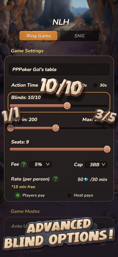 PPPoker Go mobile app screenshot displaying customizable game settings and advanced blind options for professional poker play.