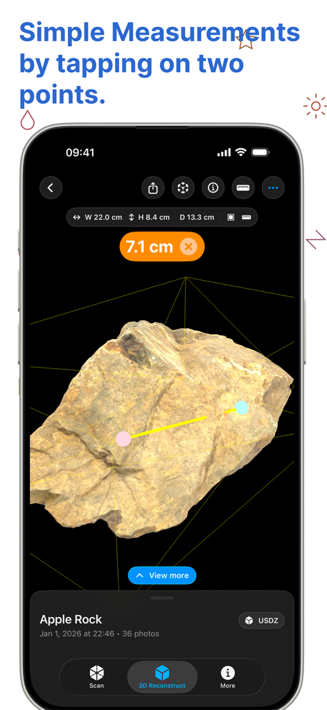 3Dオブジェクトキャプチャアプリのインターフェースに、岩の3Dモデル上の2点間に7.1 cmの測定値が表示されています。