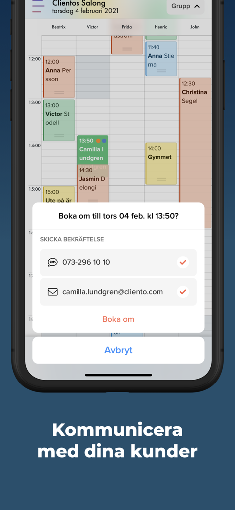 Cliento - Smartare bokningar - Interfaccia dell'app mobile Cliento che mostra un calendario e un popup di conferma prenotazione per la comunicazione con il cliente