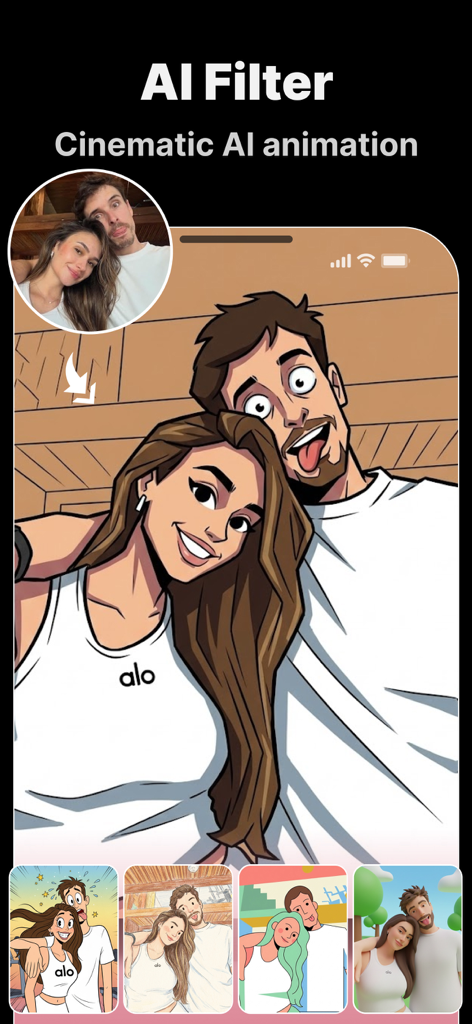 Snapana: AI Video Generator - Snapana app interface displaying a photo of a couple converted into a bold comic-style AI animation.