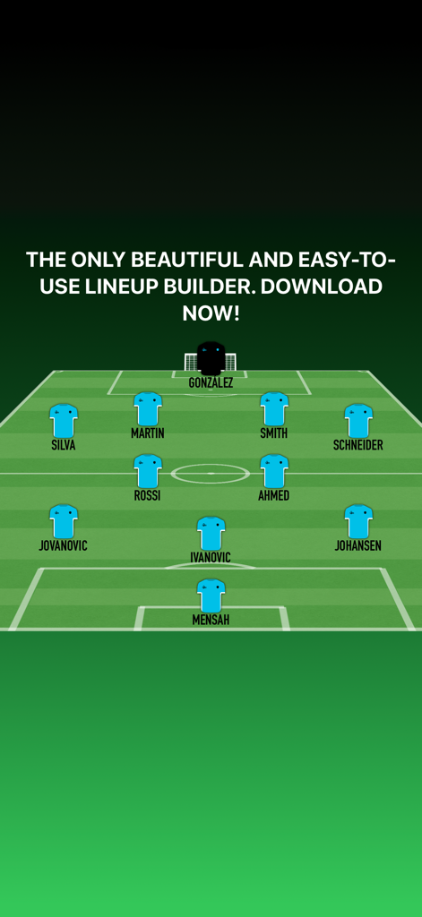 Soccer Lineup Builder 11 Pro - Professional soccer lineup screen showing an 11v11 tactical formation with player names