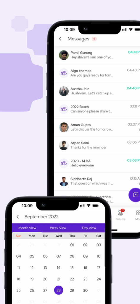 pod.ai - Messaging list and monthly calendar view in the pod.ai mobile app