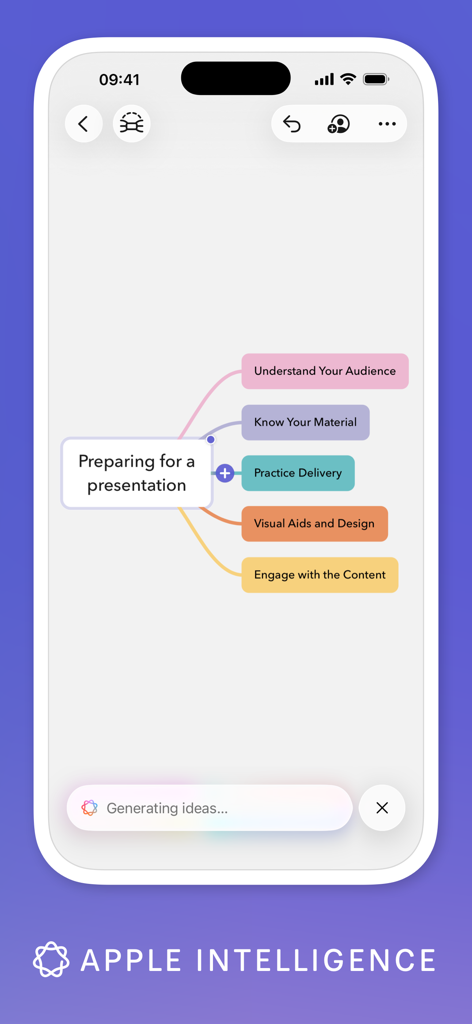 MindNode: Mind Map & Outline - MindNode mind map on iPhone using Apple Intelligence to generate ideas for a presentation
