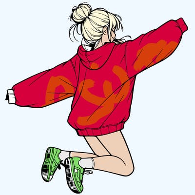realistic girl jumping with a bun and oversized sweatshirt