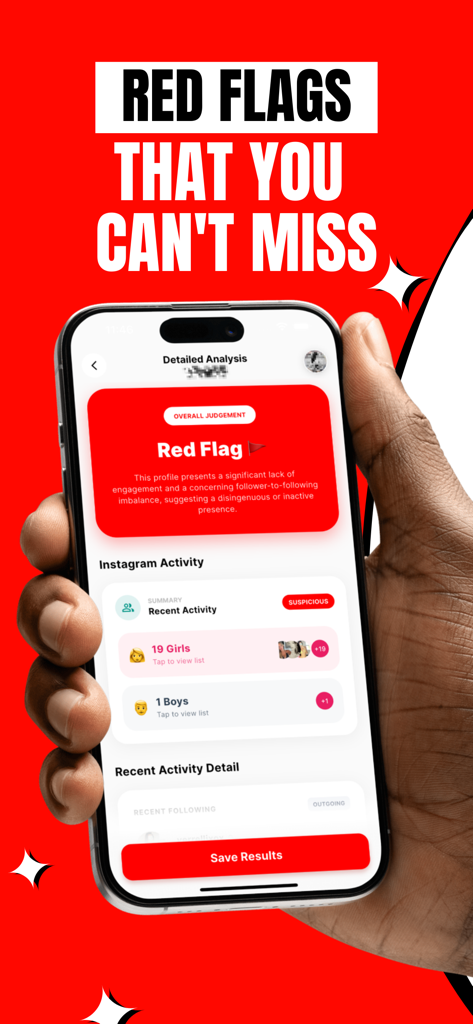 Red Flag: AI Follower Tracker - Red Flag app interface displaying a suspicious Instagram activity report with a red flag warning