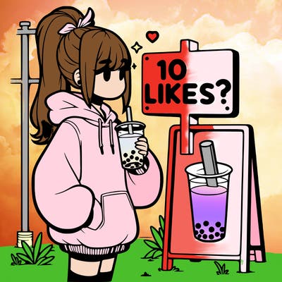 girl with oversized hoodie drinking boba and she has a high ponytail with a sign that says 10likes?