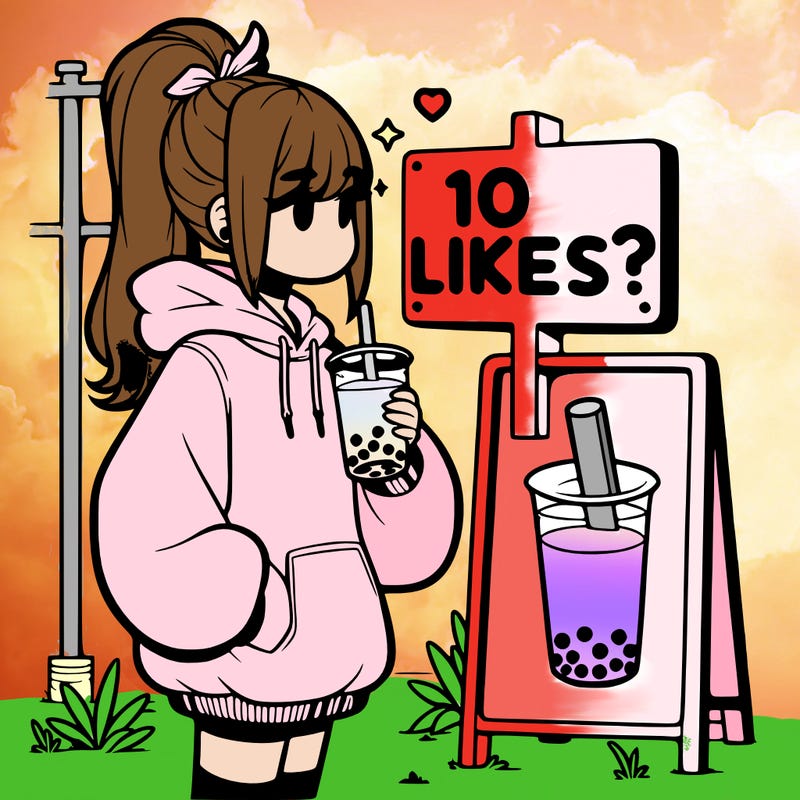 girl with oversized hoodie drinking boba and she has a high ponytail with a sign that says 10likes?