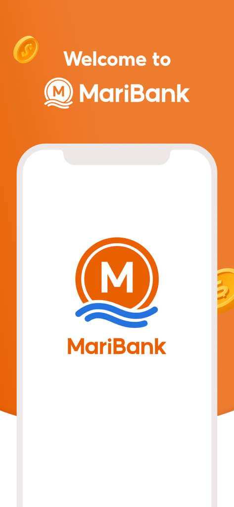 MariBank Singapore - Willkommens-Splash-Screen für die mobile Banking-App MariBank Singapur mit seinem Logo und Branding auf orangefarbenem Hintergrund.