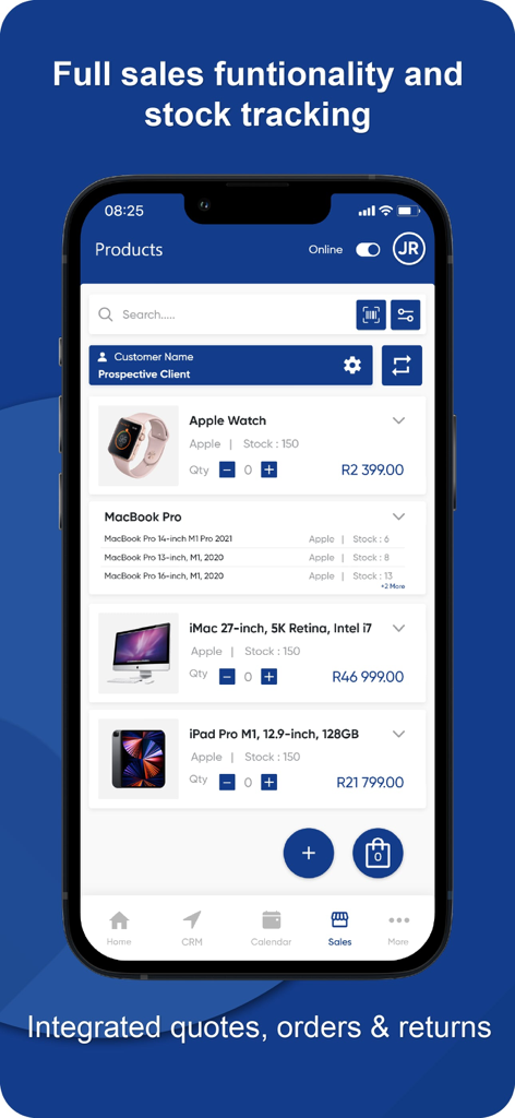 Geo CRM - Mobile interface of Geo CRM showing product listings with inventory stock levels and pricing
