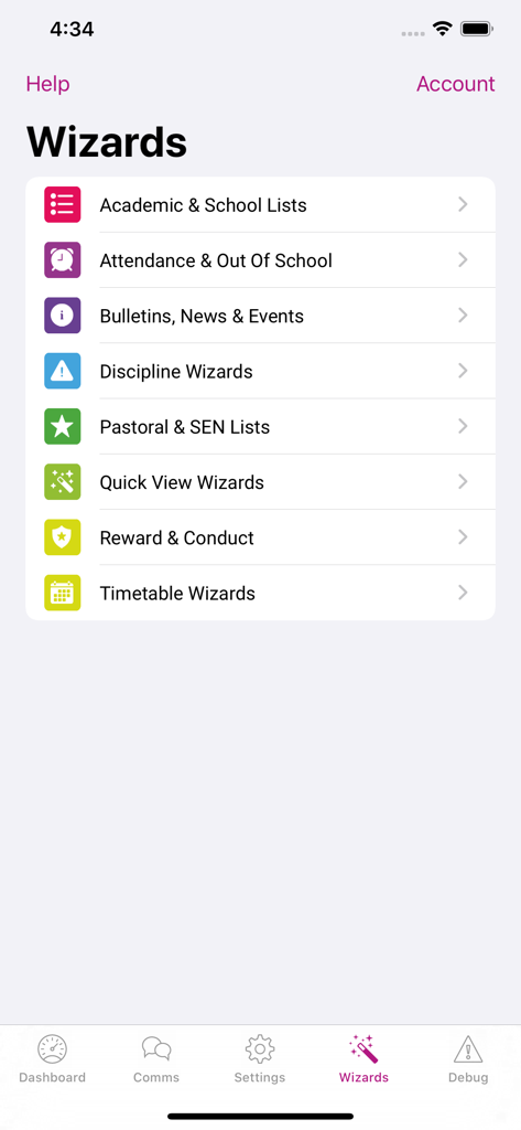 iTeacher App - iTeacher App wizards screen listing administrative options like attendance bulletins and discipline