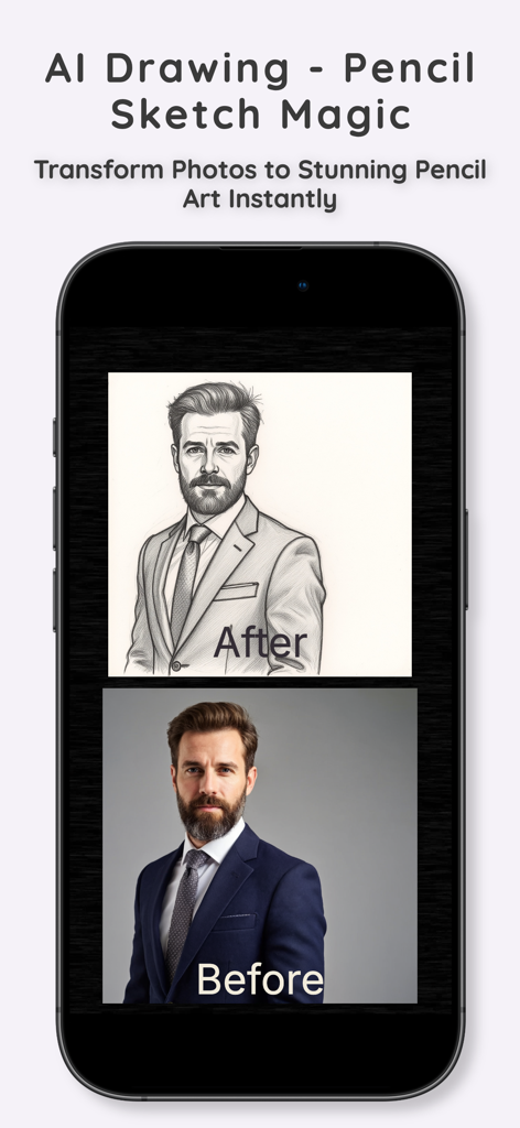 Comparación del antes y el después de una foto de retrato convertida en un boceto realista a lápiz utilizando IA
