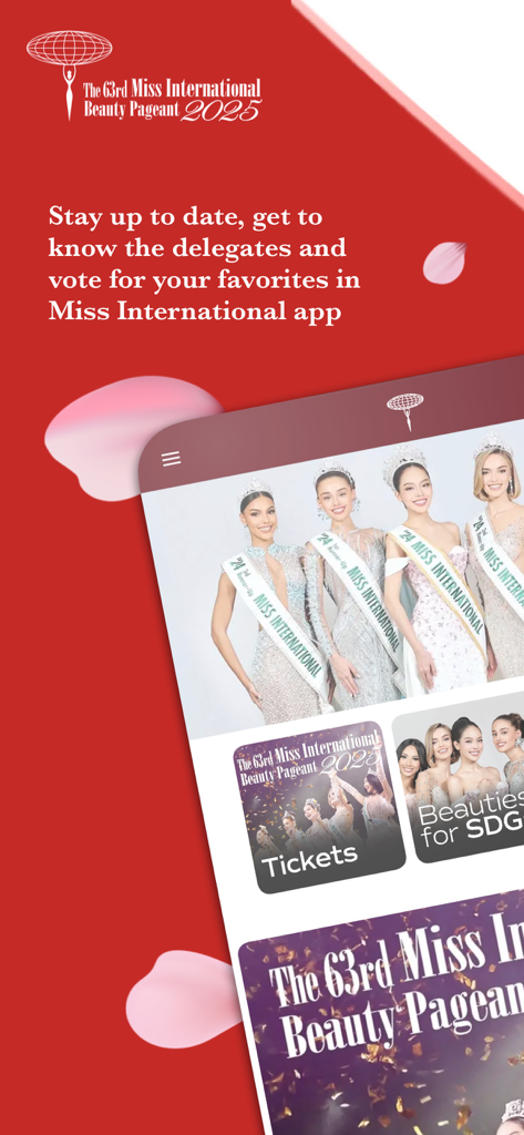 Interface do aplicativo Miss International mostrando delegadas do concurso e recursos de votação para o 63º concurso de beleza