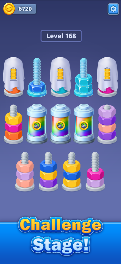 Nuts Factory: Sort Puzzle - Captura de pantalla de Nuts Factory Sort Puzzle mostrando una etapa de desafío con mecánicas de clasificación de colores.