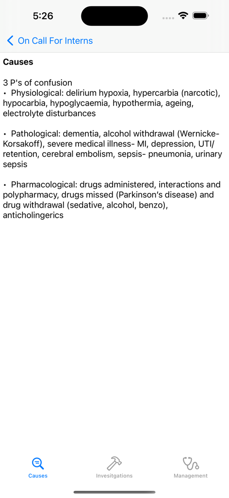 Oncall for Internsアプリの医療リファレンスクリーン。混乱の3つのP、すなわち生理学的、病理学的、薬理学的原因のリストが表示されます。