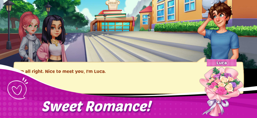 Cooking Wonder: Cooking Games - Uma cena narrativa no jogo Cooking Wonder mostrando um personagem chamado Luca encontrando duas chefs fora de uma biblioteca com um banner de Doce Romance.