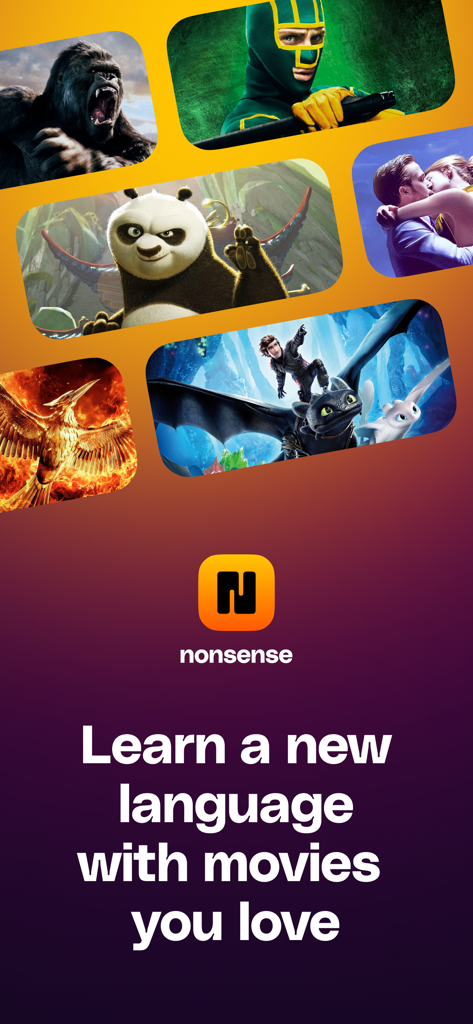 Nonsense: Language Learning - Promotional screen for the Nonsense app featuring various movie scenes and the text Learn a new language with movies you love