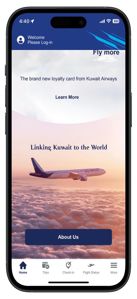 Kuwait Airways - Kuwait Airways app home screen featuring an airplane flying over clouds and a loyalty card promotion