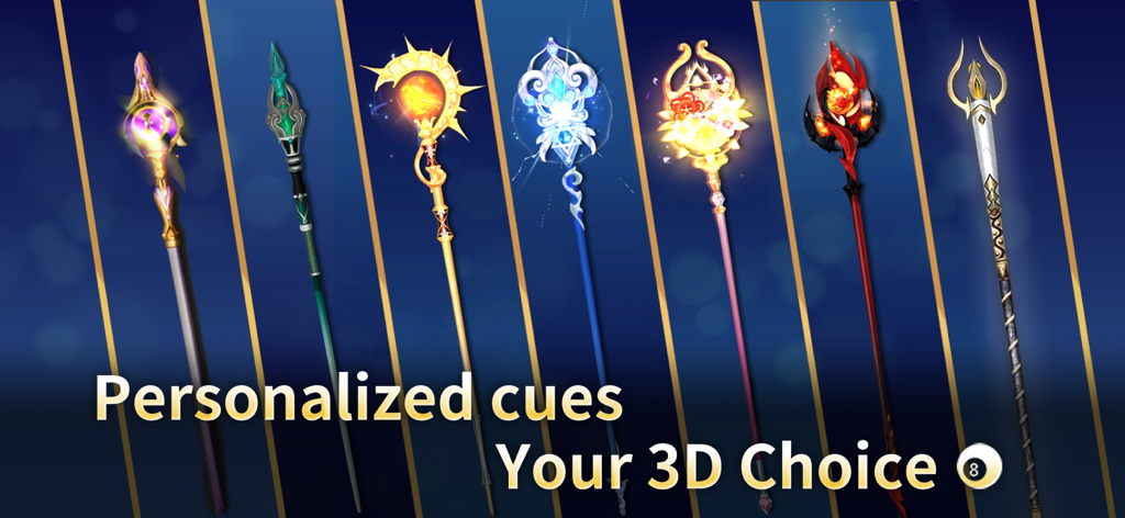 Billiards 8-Ball Pool Master ™ - Showcase of various decorative and personalized 3D cue stick skins in the Billiards 8-Ball Pool Master game.