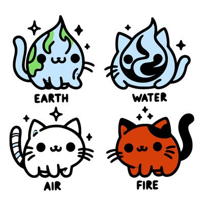 4 cats that represent the different elements, earth, water, air, and fire