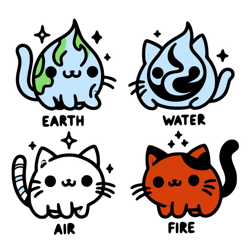 4 cats that represent the different elements, earth, water, air, and fire