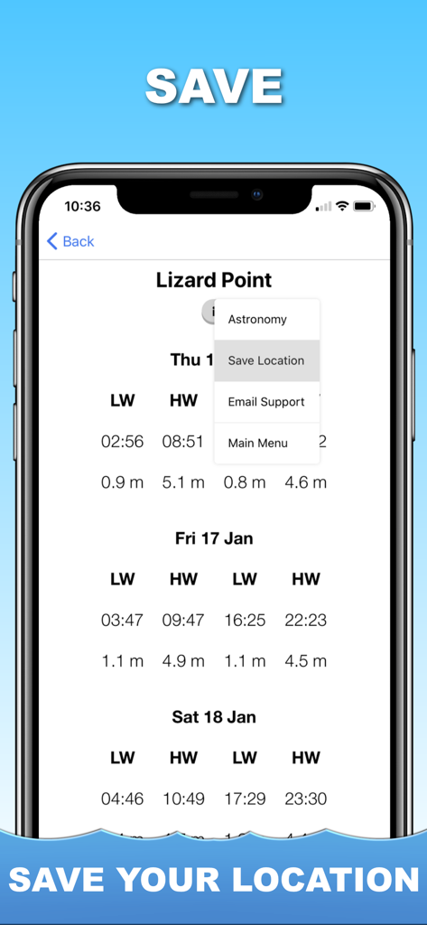 Tide Times UK - iPhone screenshot of the Tide Times UK app showing tide data for Lizard Point with the save location menu option open