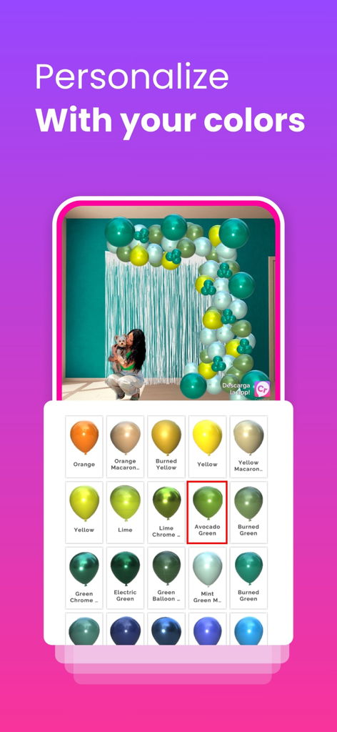 Interface do Creador Party Designer mostrando uma seleção de cores de balões para decorações personalizadas